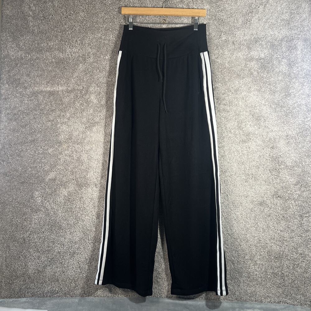 Halara Womens M Black Ribbed Knit High Waist Side Stripe Wide Leg Lounge Pants